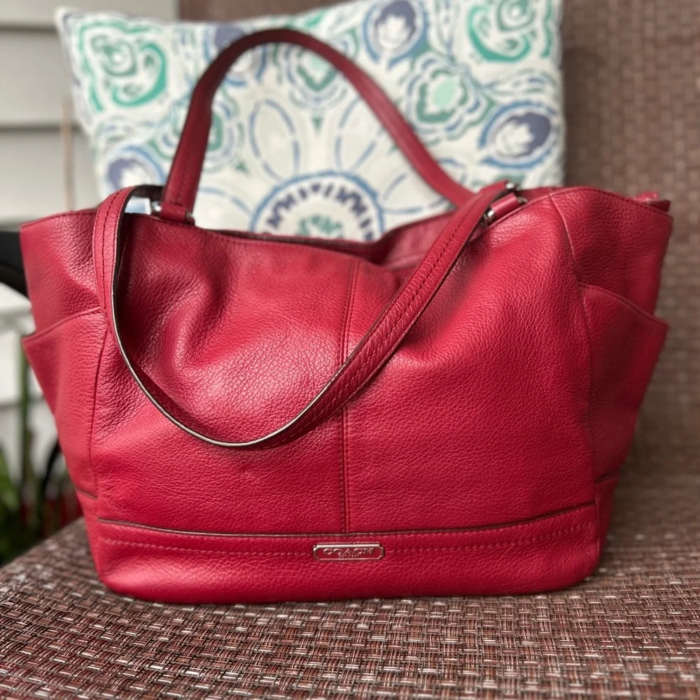 Coach “Park Carrie” Leather Tote Red Pebbled Leather